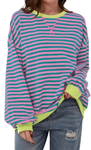 DUOEASE Sudadera Mujer Sin Capucha Otoño Cuello Redondo Jersey Rayas Casual Oversize-GreenPinkYellow-XL