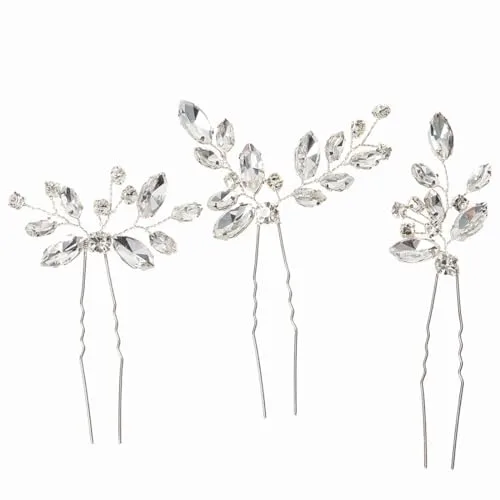 3 Piezas Horquillas de Novia Cristal Hoja para Boda, Moño Broches para Mujeres, Tocado Diamantes de Imitación Pinzas Pelo Accesorios