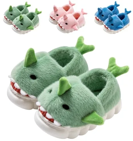DRECAGE Zapatillas de Estar por Casa para Niñas Niños Pantuflas de Invierno Peluche Antideslizante Zapatillas de Interior de Tiburón Dibujos verde 22-23