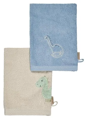 Sterntaler Dino Rexi - Manoplas de baño para bebé (2 Unidades, algodón Absorbente y Suave, para divertirse en el baño y la Ducha), Color Azul