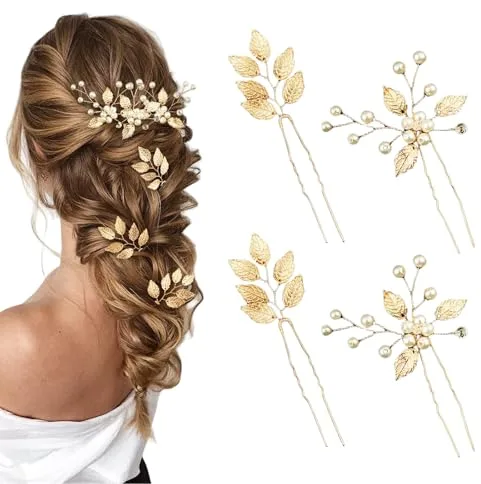 Yeomju 4 piezas de horquillas nupciales hojas doradas cuentas de cristal vintage tocado boda accesorios para el cabello joyas con diamantes de imitación para novias damas de honor niñas de las flores