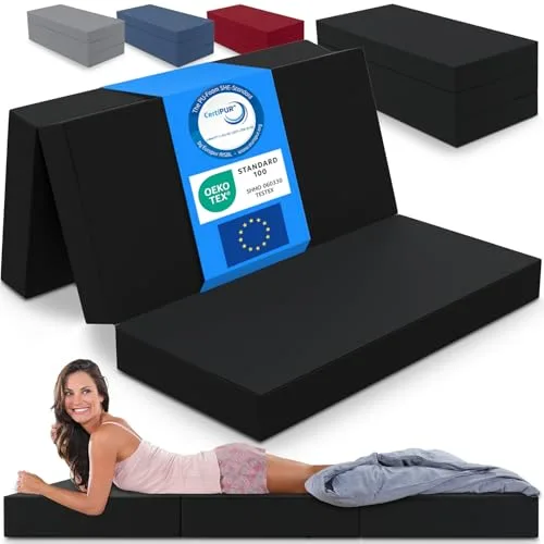 ELONEO Colchón Plegable, colchón para Invitados, colchón Plegable de 3 Piezas, Espuma Extra Gruesa (15 cm), Lavable, Plegable, Adultos (Negro, 140 x 200 x 15 cm)