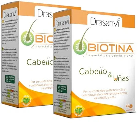 DRASANVI BIOTINA VITAMINA H 400μg | Vitaminas para el Cabello con Hierro y Zinc|Para el Crecimiento y Fortalecimiento del Pelo|Uñas menos frágiles y piel mas suave | 2x45 comprimidos= 90 días