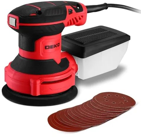 DEKOPRO Lijadora Orbital 300W, 6 Velocidades, 14000 RPM, Lijadora Eléctrica Ideal para Superficies de Madera y Acero con 16 Hojas de Papel de Arena（Negro rojizo）