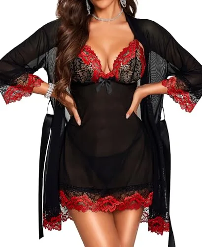 RSLOVE Lencería sexy para mujer, babydoll de encaje con bata, camisón de dormir, negro/rojo, XL