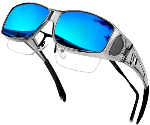 KANASTAL Sobre Gafas de Sol Superpuestas Azul Hombre Polarizadas Mujer Cubregafas Cerradas Retro Antiviento Deportivas UV400 Protección Lateral - Montura Gris con Lentes Azul Espejo