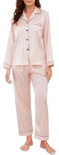 Reliwel Conjunto de Pijama Seda Mujer 2 Piezas Manga Larga con Botones Ropa de Dormir Satén Ropa de Noche Largo Pantalón Pijama Botones Mujer Loungewear S~XXL