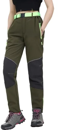 WORK IDEA - Pantalones de senderismo para mujer, material impermeable, corte elástico, calor durante el invierno, cremalleras de contraste, Verde, M