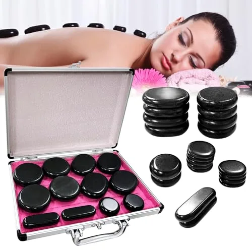 Hot stone massage set, kit de masaje con piedras calientes con calentador, juego de piedras calientes portátiles, piedras de masaje calientes hechas de basalto, para masajes, relajación (21 piedras)