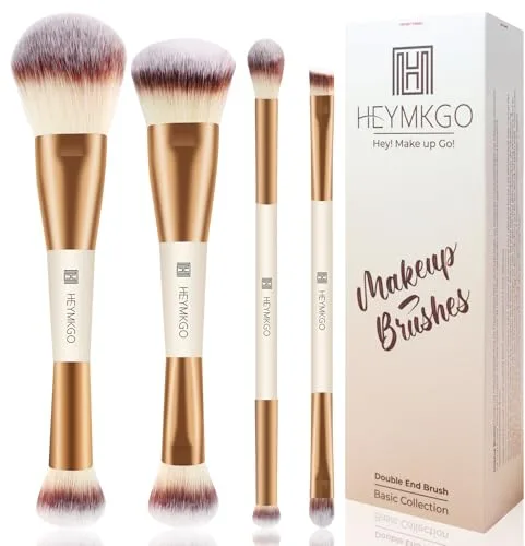 HEYMKGO Brocha para maquillaje 4 pinceles de doble punta 2 en 1 brochas kabuki para maquillaje profesional Brocha para maquillaje en polvo sombra de ojos líquido, en crema, en polvo difuminar Pulir