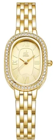 SK Reloj de Pulsera de aleación de Acero Macizo con Cristal Ovalado para Mujer (Dorado)
