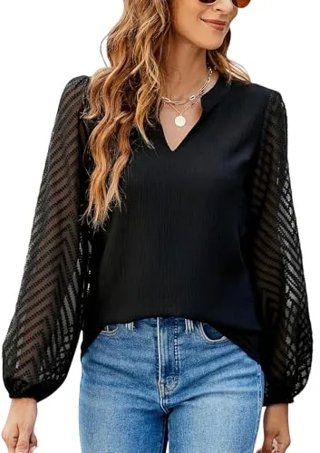 Atxnn Camiseta Mujer Blusa de Encaje Manga Larga Elegantes Top Chifón Informal Camisa con Cuello en V Otoño Túnica Color Sólido de Trabajo, Black S