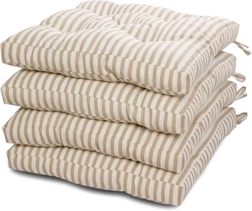 Viste tu hogar Pack 4 Cojines para Silla, 45x45x5 CM, Efecto Tridimensional, Relleno de 100% Poliéster, Ideal para Comedor, Terraza, Sala y Restaurante, Color Rayas Beige, Fabricado en España