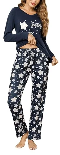 Litherday Pijama Mujer Invierno Algodón 2 Piezas Pijama Largo Mujer Manga Larga con Cuello en V y Bolsillos Ropa de Dormir con Estampado de Estrella,Azul Oscuro + Estrellas,XL