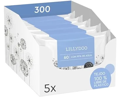 Toallitas húmedas para bebés LILLYDOO con un 99% de agua, 5 paquetes de 60 (300 unidades), 100% libres de plástico sin perfumes y tan suave como el algodón y el agua