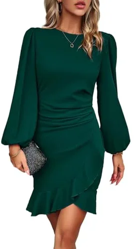 HUXRAKV Vestido Mujer Elegante Manga Larga Casual Vestido De Volante Dobladillo Vestidos para Invitada Coctel,A-Verde,XL