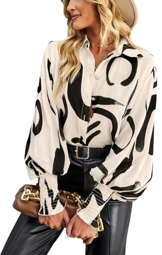 HUXRAKV Camisas con Botones Mujer Blusa Casual Camiseta Manga Larga Elegante Camisas Estampadas Cuello en V Primavera Otoño T Shirt Tops,A-Beige,M