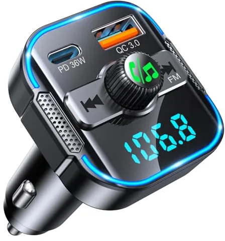 Glangeh 2025 Transmisor FM Bluetooth 5.3【PD 36W + QC 18W】, 2 en 1 【Micrófonos Duales】Receptor y Cargador Rápido, Kit Manos Libres Coche, Asistente Siri/Música