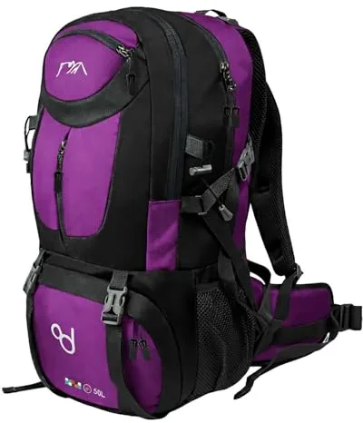 OcioDual Mochila Senderismo 50 Litros, Mochila Trekking, Montaña y Camino de Santiago, Multifuncional, Ligera, Mochilas Hombre para Camping, Acampada, Marcha Nórdica, Supervivencia, Purpura