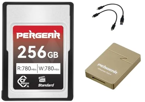 Pergear Serie Estándar 256GB CFexpress Tipo A Tarjeta de Memoria Velocidad de Lectura de Hasta 780MB/s Velocidad de escritura de 780MB/s para Grabación 4K 120P 8K 30P(Lector de Tarjetas) para Alpha FX