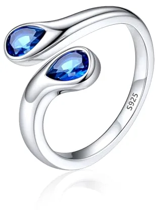 Silvora Plata de Primera Ley 925 Anillo Circonita Brillante Zafiro Azul Mujer Compromiso Piedra Gota de Agua Pera Banda Fina Talla Ajustable Dedo Medio Pulgar