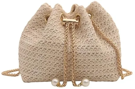 TOFBS Bolso Mujer Clutches de Paja Mano Tejido Bolsa con Cadena Elegante la Tarde Bolsos Bandolera Vintage Bohemio Casual para Vacaciones Playa (Beige)