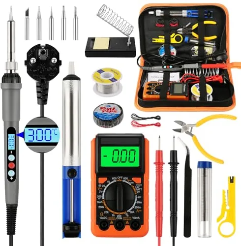 Soldador estaño, soldador,kit de Soldador 60W,temperatura ajustable 180-500℃,19 in 1 soldador estaño profesional, con multímetro digital,5 puntas de soldador, soporte para soldador, pinzas ect.
