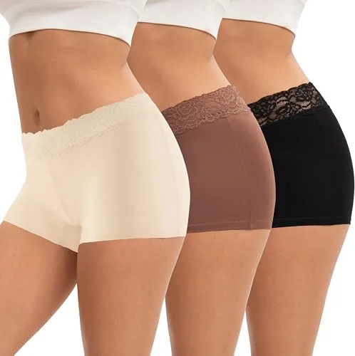 INNERSY Bragas Culotte Mujer Algodon Cintura Media Encaje Calzoncillos Bóxer Cómodos Pack de 3 (M, Negro/Rosa Claro/Marrón)