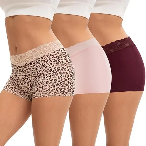 INNERSY Bragas Mujer Algodon Elástico Boxer Short Encaje Pantalones Cortos Suaves y Cómodos Pack de 3 (M, Leopardo/Rosa/Rojo Oscuro)