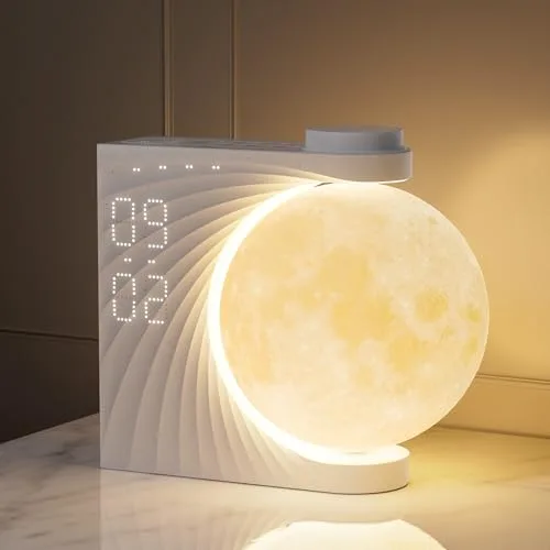 RETEYUNG Lámpara Luna con Reloj Despertador, Despertador amanecer, Luz Nocturna RGB 8 Colores, 10 Sonidos Naturales, Función Snooze, 3 Niveles de Luz para Dormitorio, Adultos y Niños