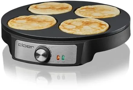 Cloer 6625 Pancake Maker, Mini Pancakes, para 4 tortitas pequeñas de 11 cm Ø cada una, 1200 W, revestimiento antiadherente, incluida volteador, negro