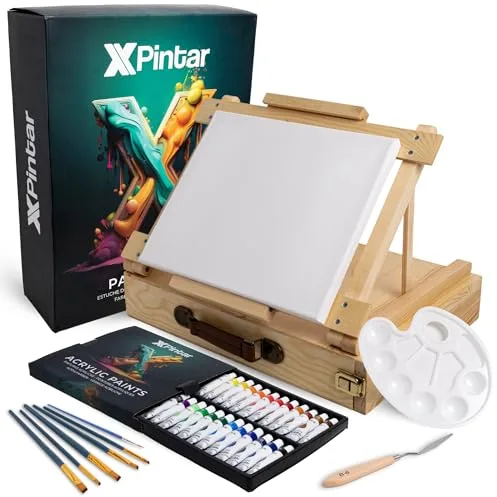 Kit Pintura Acrílica 34 Piezas Caballete Maletín Madera Portátil 24 Tubos 12 ml Colores Vivos Lienzo 24x30 cm 6 Pinceles Espátula Paleta Set Completo Adultos Niños Principiantes Arte Regalo Creativo