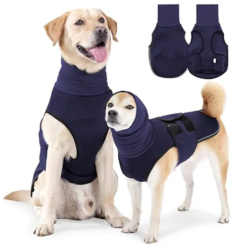 Yanmucy Abrigo Calmante para Perro 2 en 1 - Chaqueta Ajustable con Capucha, Orejeras y Redecilla - Chaleco para Aliviar Ansiedad y Fuegos (Azul, Large)