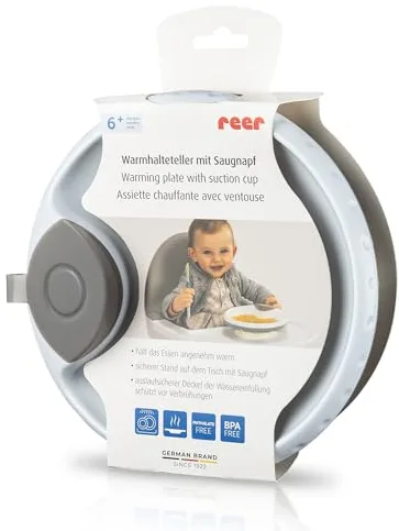 reer Plato caliente con ventosa, plato antideslizante para bebé, vajilla para aprender a comer, mantiene las comidas calientes durante más tiempo, apto para lavavajillas, gris/blanco