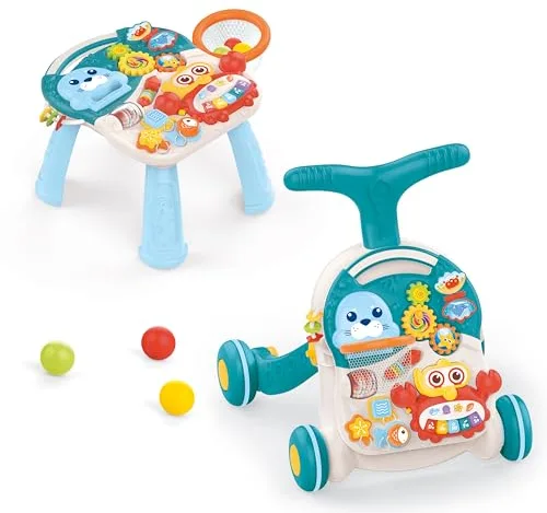 Correpasillos Bebé, Andador Bebé + Mesa de actividades - 2 en 1 - Tablero Extraíble - Ruedas con bloqueo - Mango regulable a 2 alturas - Contiene instrumento musical y juguetes, 12M+ (AZUL)