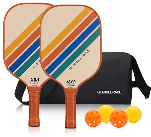 Juego de 2 palas de pickleball de fibra de vidrio, juego de 2 paletas de pickleball aprobadas por USAPA, superficie de fibra de vidrio y núcleo de panal de polipropileno, mango transpirable, 4 bolas