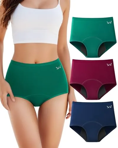 TANSTC Bragas Menstruales Algodon Mujer Cintura Alta Braga Menstrual Algodón Ropa Interior Protección, Bragas Menstruales Flujo Abundante, Azul Marino/Rojo/Verde, S Pack de 3