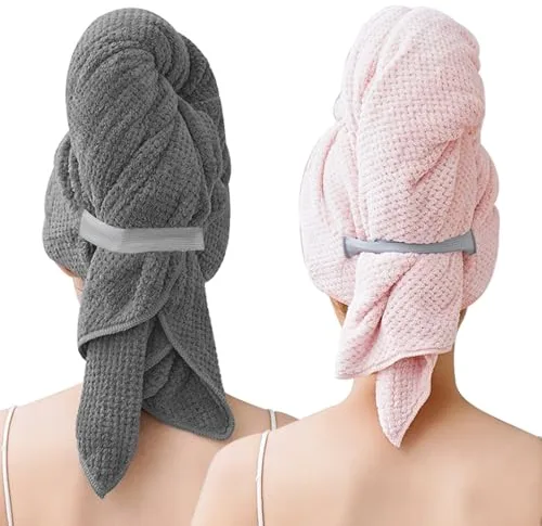 LLTLGF 2 Toalla de Pelo de Microfibra Grande para Mujeres, 103 x 60 cm Turbante de Primera Calidad con Banda Elástica/Secado Rápido Superabsorbente, Toalla de Secado con Diseño de Gofre