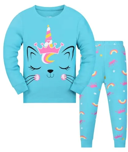 Gumyoss Pijamas para niñas Conjunto de Pijamas para niños Algodón Manga Larga Invierno Gato Azul Claro 2 Piezas 6 años