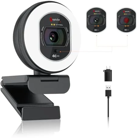 Angetube Cámara web 4K con luz para PC: UHD 4K, TOF enfoque automático, micrófono dual AI con cancelación de ruido, 1080p@60fps, webcam streaming USB w/cubierta de privacidad para portátiles y Mac
