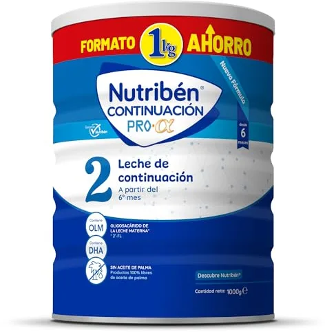 Nutribén Continuación Pro Alfa 2 - Leche en Polvo Bebé Continuación - Leche de Fórmula a Partir de los 6 Meses - sin Aceite de Palma - con Cacito Dosificador Incluido - con DHA y OLM - 1 Bote de 1KG