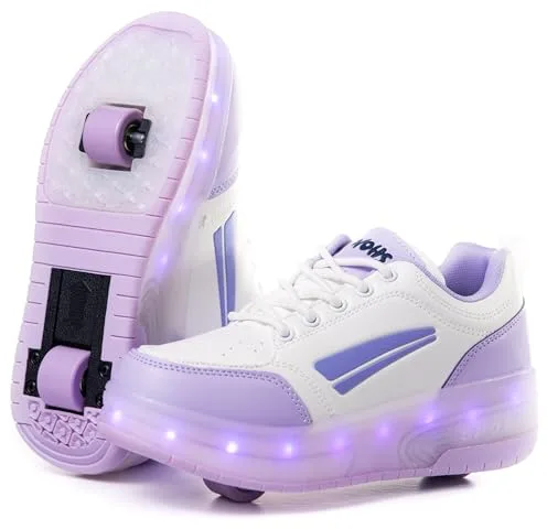 Zapatillas Deportivas con Dos Ruedas y Luces LED. Recargables, 16 Efectos de Luces. Rueda Trasera automática. Blanco/Lila. Talla 31