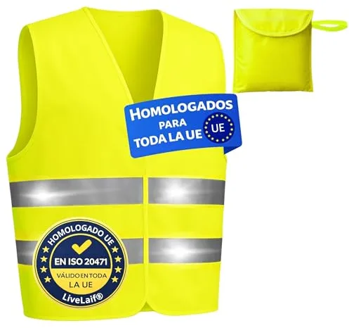 LiveLaif Pack 1 Chaleco Reflectante Homologado DGT ISO 20471 + 1 Funda Incluida | Chalecos Reflectantes Homologados | Chaleco Reflectante Coche Amarillo Alta Visibilidad | Talla Única Unisex