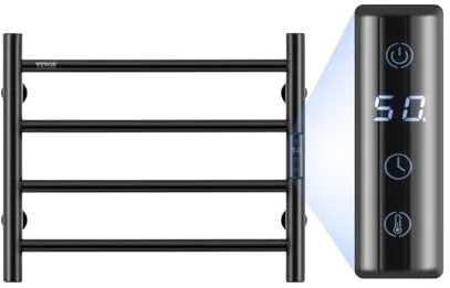VEVOR Calentador de Toallas con Radiador Toallero con 4 Barras Calentador de Toallas Impermeable con Temporizador y Pantalla LED 5 Niveles de Temperatura Ajustables Montado en la Pared, Negro