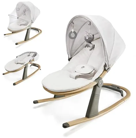 Kinderkraft ELSU Hamaca bebé 2 en 1, Silla macedora, Columpio bebe, Balancin para bebés 0-9 kg, Capota con mosquitera y 2 juguetes, Respaldo en 3 posiciones, increíblemente ligera - 2,5 kg