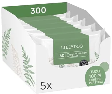 Toallitas húmedas naturales LILLYDOO green, 300 unidades (5x60), 100% sin plástico y resistentes – sin perfumes, limpieza delicada y suave para piel sensible, dermatológicamente testadas