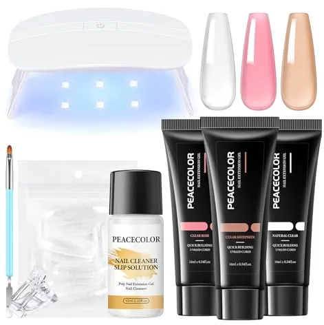 PEACECOLOR Gel Extensión de Uñas Kit 8PCS, 3 * 16ml Poly Nail Gel Para Uñas Con Lampara Uñas y Slip Solution, Kit Uñas de Gel con Rosa, Blanco, Nude para DIY para Principiante en Casa