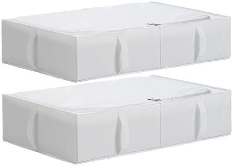 TYEERS Caja de Almacenaje Bajo la Cama con Tapa, Tela Duradera, Lavable, Plegable, Organizador Armario para Ropa, Mantas, Sábanas, Zapatos, 70x42x18 cm, Paquete de 2, Blanco