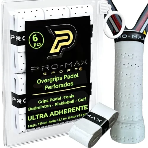 PRO-MAX SPORT Overgrips Padel Extra Adherente Perforados Blanco Pack 4/6/10/25/50 Alta Absorción Sudor Cinta Agarre Antideslizante Grip Padel Pro Sobregrip Raqueta Durabilidad Accesorios Padel (6)