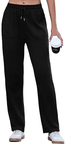 Uniexcosm Pantalón Deportivo Mujer Algodón Largos Pantalones de Chándal Mujer Casuales con Bolsillos Pantalones de Chándal con Cordón para Correr Fitness Jogging Negro XL